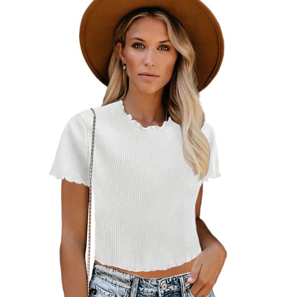 White Curled Hem Short Sleeve Ribbed Knit Crop Top